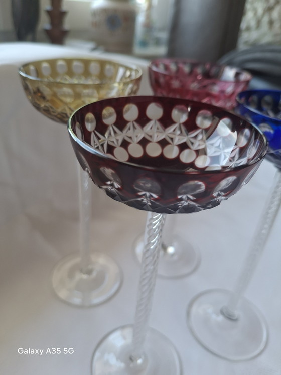Image 1 of Set di 5 bicchieri da liquore antichi in stile Art Nouveau - Josephinenhütte, circa 1900 - stelo a spirale