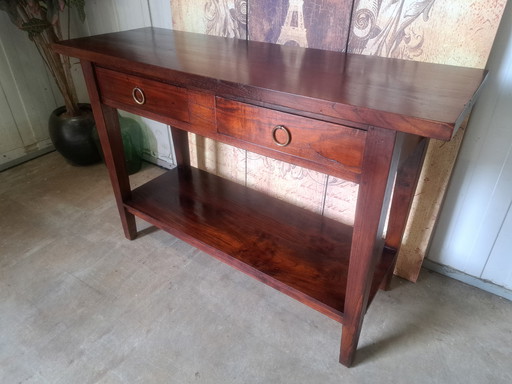 Dark teak side table, hall table, wall console dim. 120x41cm and 78cm high.
