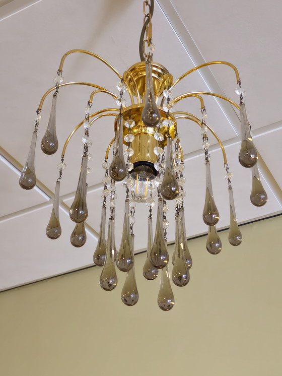 Image 1 of Lampadario a goccia vintage di Murano Lampada a sospensione in ottone fumé