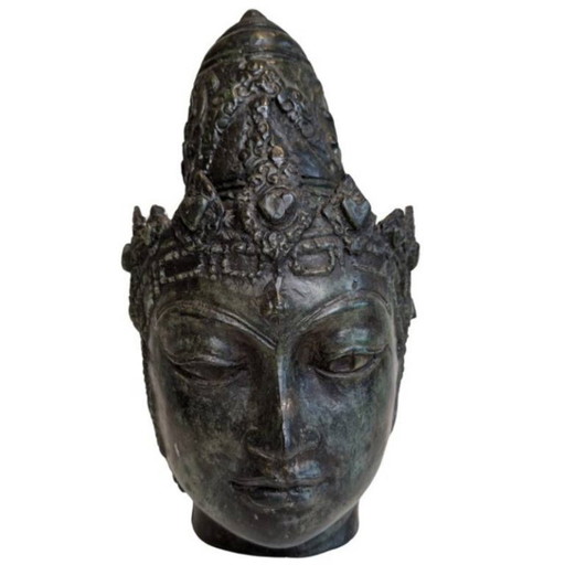 Antica testa in bronzo di una divinità incoronata, probabilmente Vishnu – Giava - 094 – beeldhouwkunst, Bronze