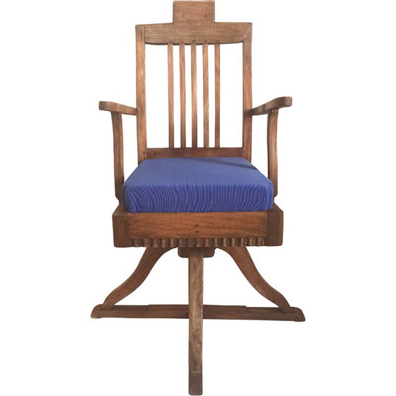 Image 1 of Vintage barber chair in solid teak and blue fabric, 1930