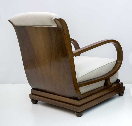 Image 1 of Fauteuil et ottoman Art déco italiens en noyer et velours, années 1920