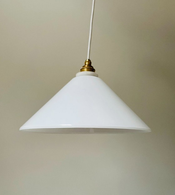 Image 1 of Set of 4 opaline white vintage pendant lamps with new fittings (frosted glass)