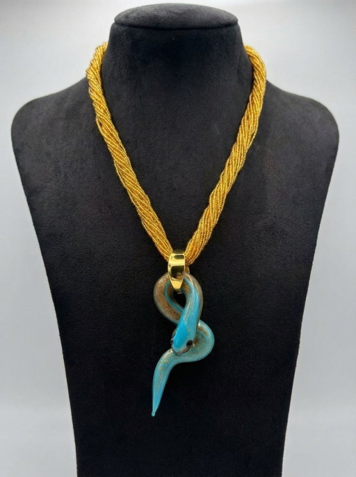 Murano Glass Chalcedony Snake Necklace with Gold Leaf – Venetian Handcrafted Sculpture