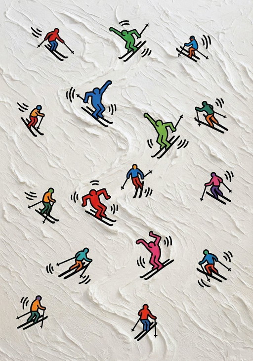 Schilderij met skiërs, veelkleurig