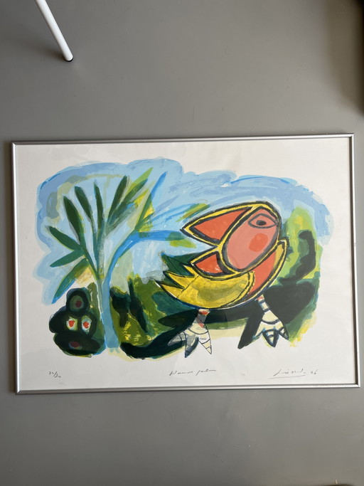 Litografía de pájaros coloridos de John Lie A Fo, firmada y numerada. – lithos zeefdrukken, Paper