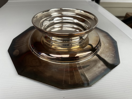 Image 1 of Coupe - Centre de Table Art-Déco en Métal Argenté Forme Octogonale