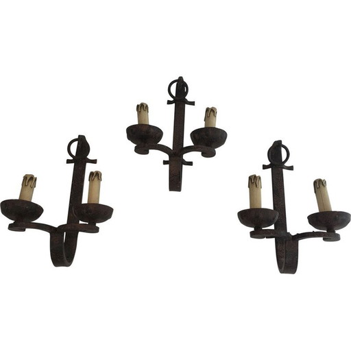 Conjunto de 3 lámparas de pared vintage de hierro forjado, 1950