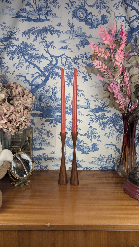 Image 1 of Pair of Scandinavian "Tulip" Candleholders in Vintage Teakwood from the 60s - Mid - Century Design