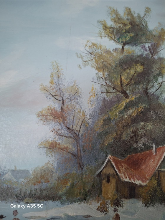 Image 1 of Oud olieverfschilderij, winterlandschap / schaatsers, gesigneerd Hoffmann, met lijst.
