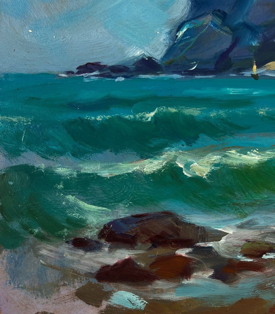 Image 1 of Original Oil Painting Summer Sea Landscape Seagulls over the waves