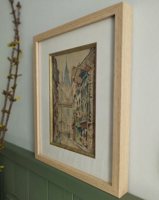 Image 1 of Lively alleyway, signed M. Girard - Watercolor dated May 13, 1934