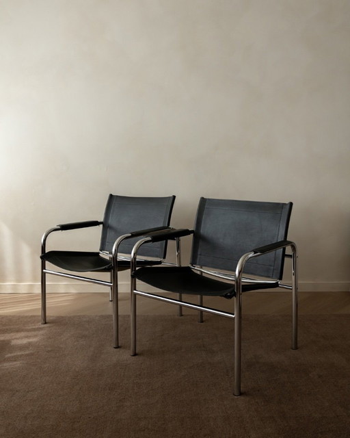 Vintage Bauhaus Klinte loungestoelen van chroom en zwart leer, ontworpen door Tord Björklund voor IKEA, jaren 80, set van 2.