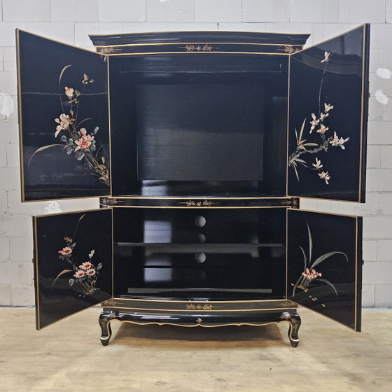 Vintage Chinese Lak Kast Zwart Bloemen En Vogels / Bohemian / Oosterse / Aziatische Bruidskast – Opbergkast (photo 3 of 15)