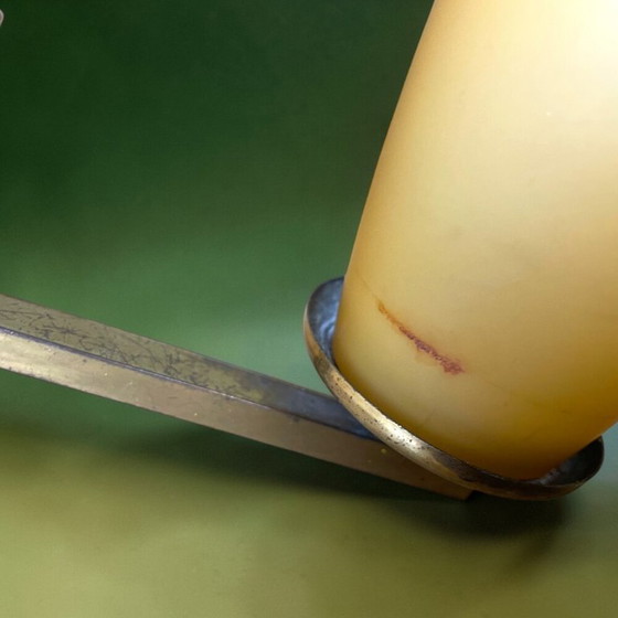 Image 1 of Vintage Mid Century Modern double opaline glass and wood wall sconce