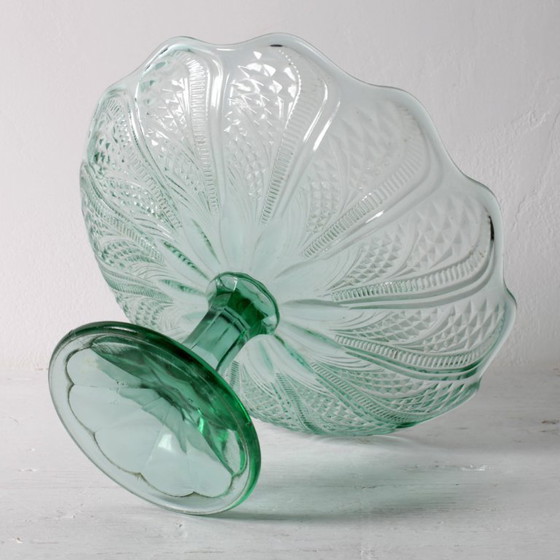 Image 1 of Mid-Century Pressed Glass Pedestal Bowl / Vintage Georgia Green Fruit Bowl / Ukraine / 1950s