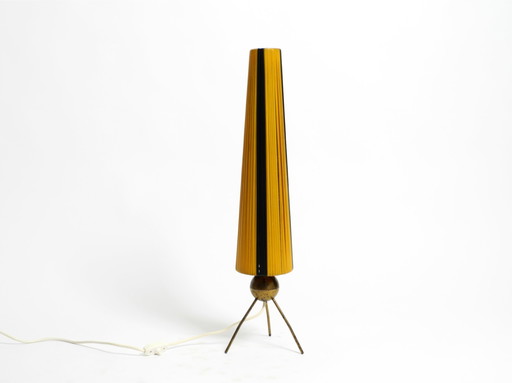 Rare Beautiful Mid-Century Modern Tripod Brass Table Lamp with Wrapped Nylon Strip Lampshade