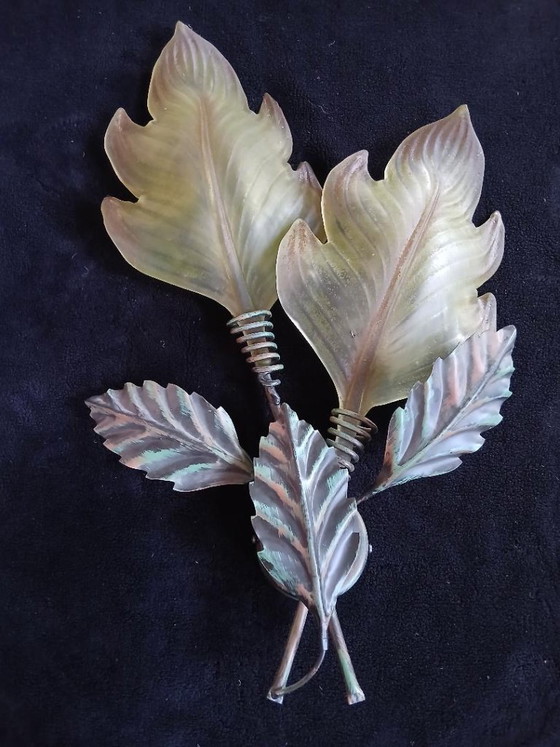 Image 1 of Geante Applique Tôle Peinte Verre de Murano Feuille Végétale 63cm
