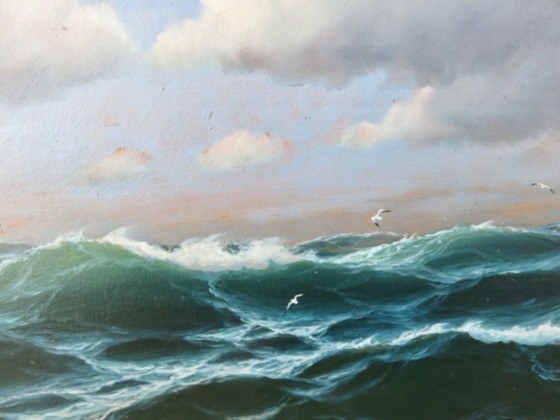 Image 1 of Dipinto incorniciato raffigurante un oceano molto agitato 45 cm x 76 cm