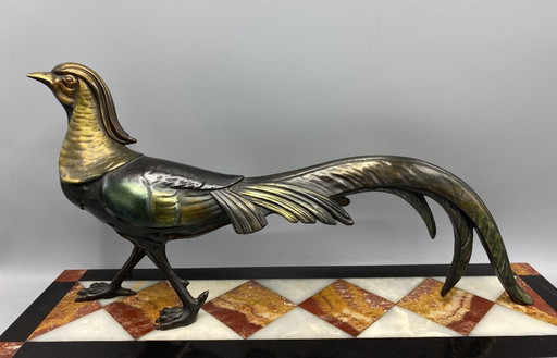 Grote Art Deco Fazant Beeld – Gepatineerd Spelter op Luxe Marmer – Franse 1930s Sculptuur – Wandeldecor / Verzamelobject 