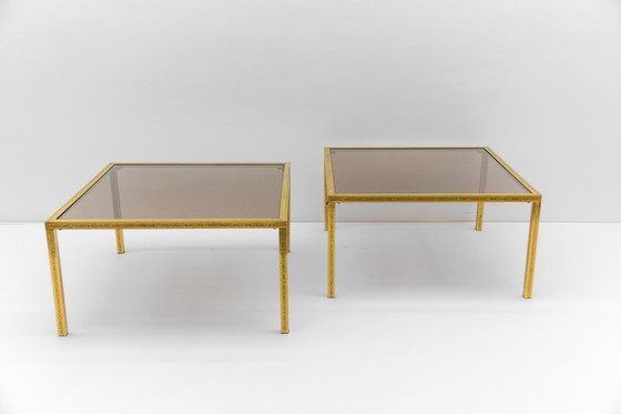 Image 1 of Brass and Smoked Glass Coffee Tables, 1970s, Set of 2