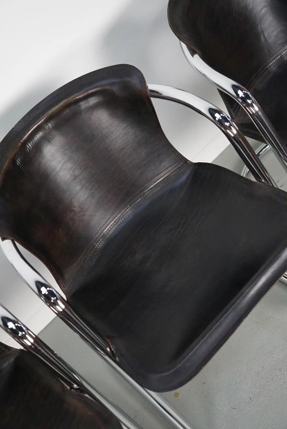 Image 1 of Set van vier bruine leren eetkamerstoelen, Willy Rizzo, jaren 1970