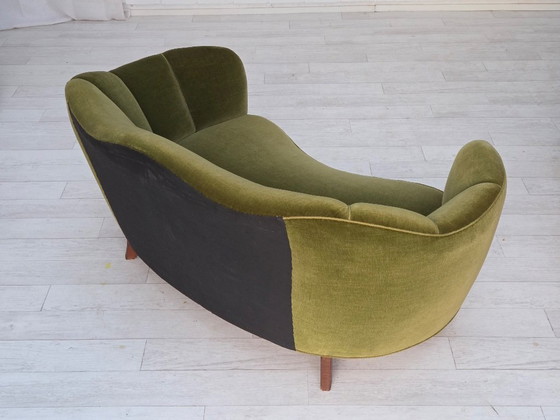 Image 1 of 1960s, Danish Curved 2-Seater Sofa, Green Furniture Velour, Oak Wood Legs