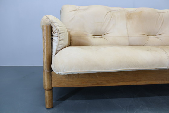 Image 1 of Eiken Scandinavische 3-zitsbank uit 1960 met lederen bekleding