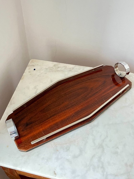 Image 1 of Plateau de service Art déco en bois et chrome – Design géométrique, vintage années 1930