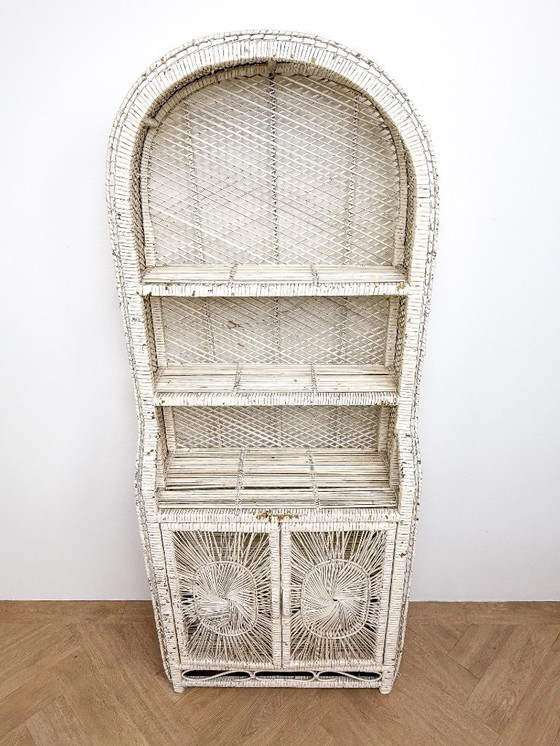Image 1 of Vintage rattan wicker arch cabinet with sunflower motif