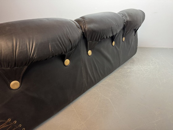 Image 1 of Beautiful Big Black Leather Postmodern Italian Design Space Age 3-Seat Lounge Sofa with Brass Buttons and Playful Cord Lacing