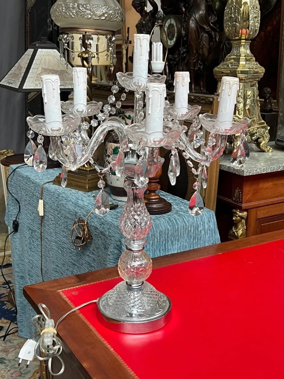 Girandole. 6 punti luce. Cristallo, vetro. Italia. XX secolo. 62x45 cm. – Lampade da tavolo, Crystal, Glass (photo 6 of 6)