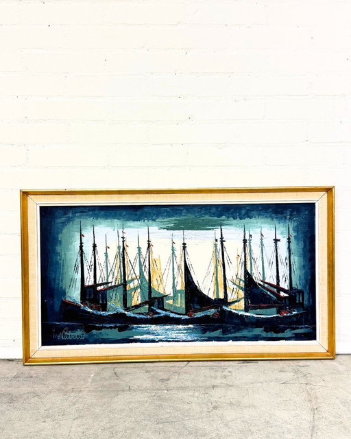 Modern abstract schilderij van een zeilboot