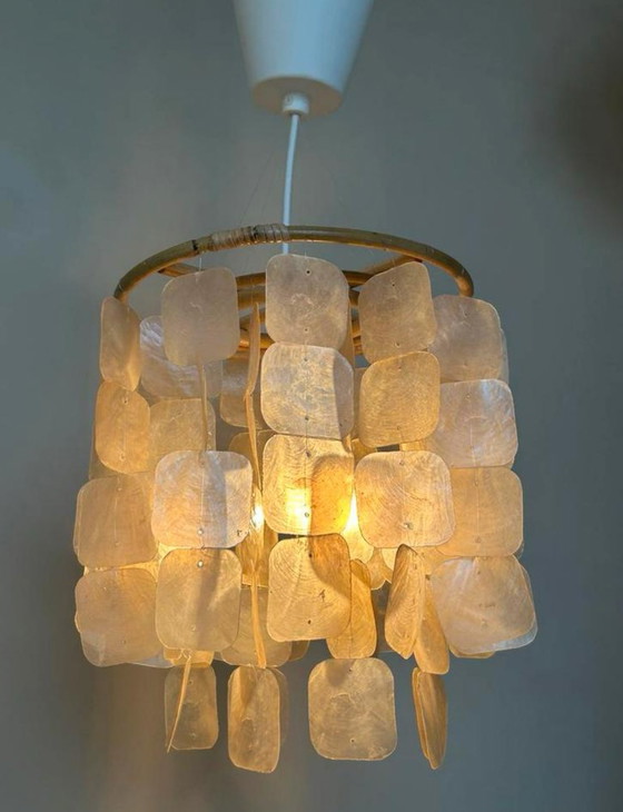 Image 1 of Set Of 2 Capiz Shell Pendant Lamps Shell Pearl Bamboo Frame White Wiring