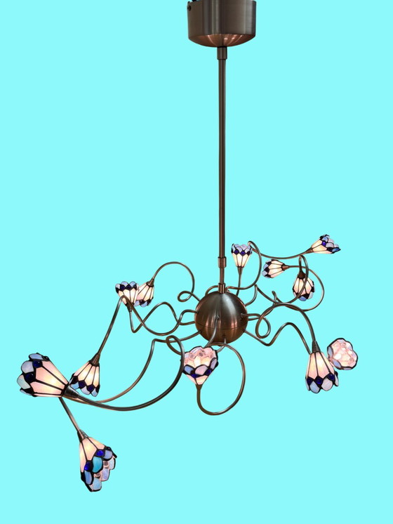 Image 1 of Lampada da soffitto di design a 12 luci con paralumi in vetro colorato | Altezza regolabile | Ottime condizioni