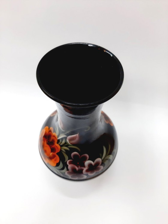 Image 1 of Vintage Black Enamel Vase, Floral Pattern 23 cm