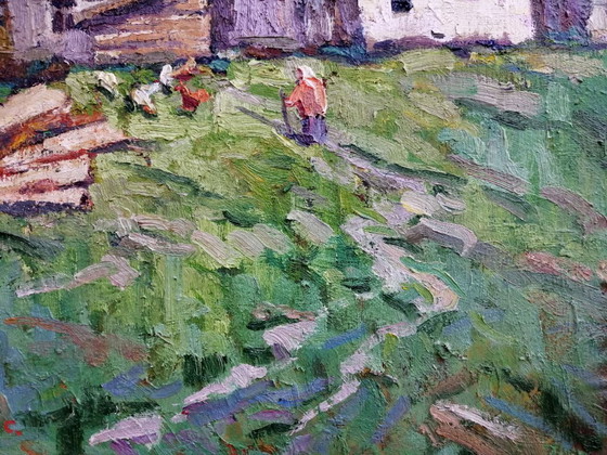 Original Ölgemälde Ländliche Landschaft Dorfleben Im Hof – Gemälde & Zeichnungen, Canvas (photo 8 of 11)