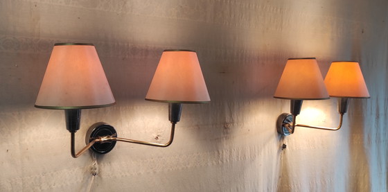 Image 1 of Double wall lights in gilded brass and gunmetal finish - 1950s/60s