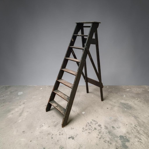 Scala da Pittore Vintage in Legno con Strato di Vernice Verde Scuro Consumato – decoratie, Wood