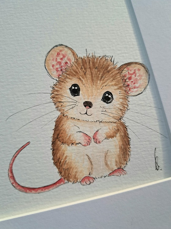 Watercolor painting little mouse in corner | Framed, Paintings & Drawings, Paper, Beige (photo 2 of 6)