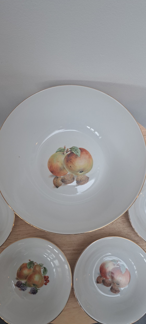 Image 1 of Bavaria Winterling Vintage Pudding Set – 1 ciotola + 4 ciotole piccole – Motivo frutta – Porcellana