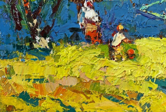 Image 1 of Original Oil Painting Summer Village Landscape Day beneath the sky