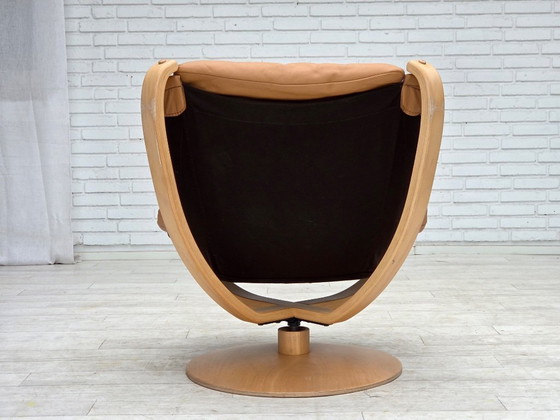 Image 1 of Scandinavische draaibare fauteuil uit de jaren 80, meubelleer, gebogen hout.
