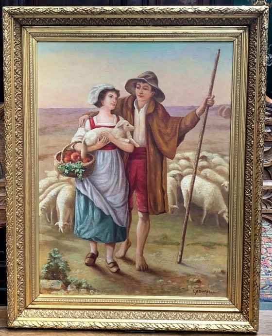 Painting "Romantic Scene" - End of the 19th century – Paintings & Drawings, Canvas (photo 6 of 6)