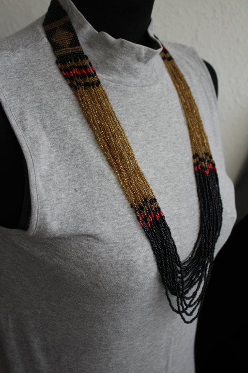 Kette Glasperlen Rocailles mehrreihig Ethno Boho Handarbeit 74 cm vintage