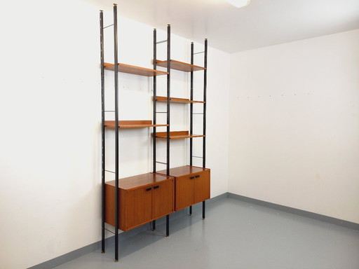 Vintage Italian double modular shelf bookcase in teak and metal from the 60s