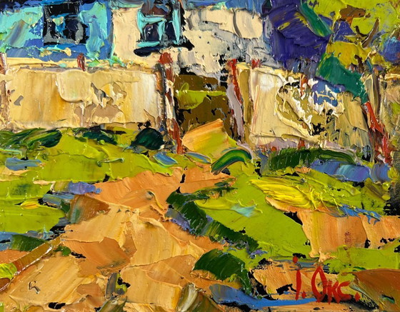 Image 1 of Original Oil Painting Summer Village Landscape Tree, house and endless sky