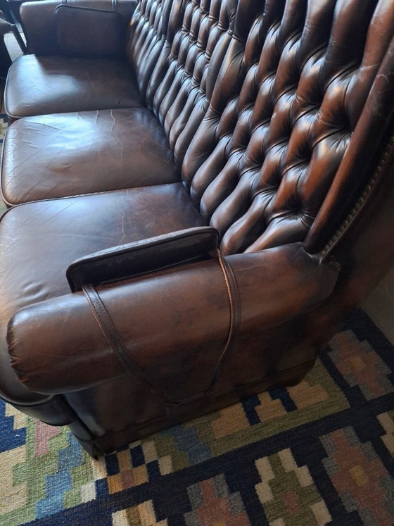 Image 1 of Chesterfield 3-Seater Chestnut Coloured Leather Sofa