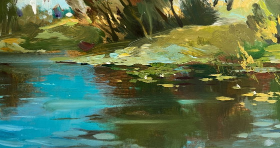 Image 1 of Original Oil Painting Summer Coastal Landscape There is a lake behind the village