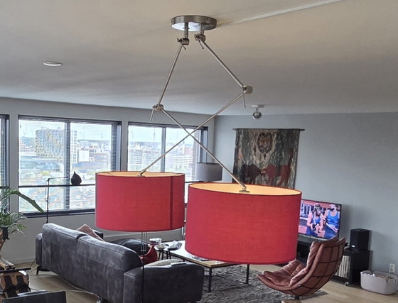 Modern Ceiling Light with Two Red Fabric Shades – Metal, Textile (photo 4 of 5)